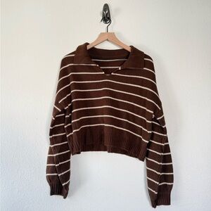 Brown Stripes V Neck Sweater Small